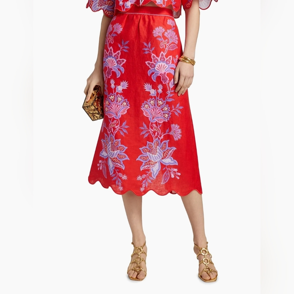 FARM Rio Red A-Line Skirt with Floral Design and pockets